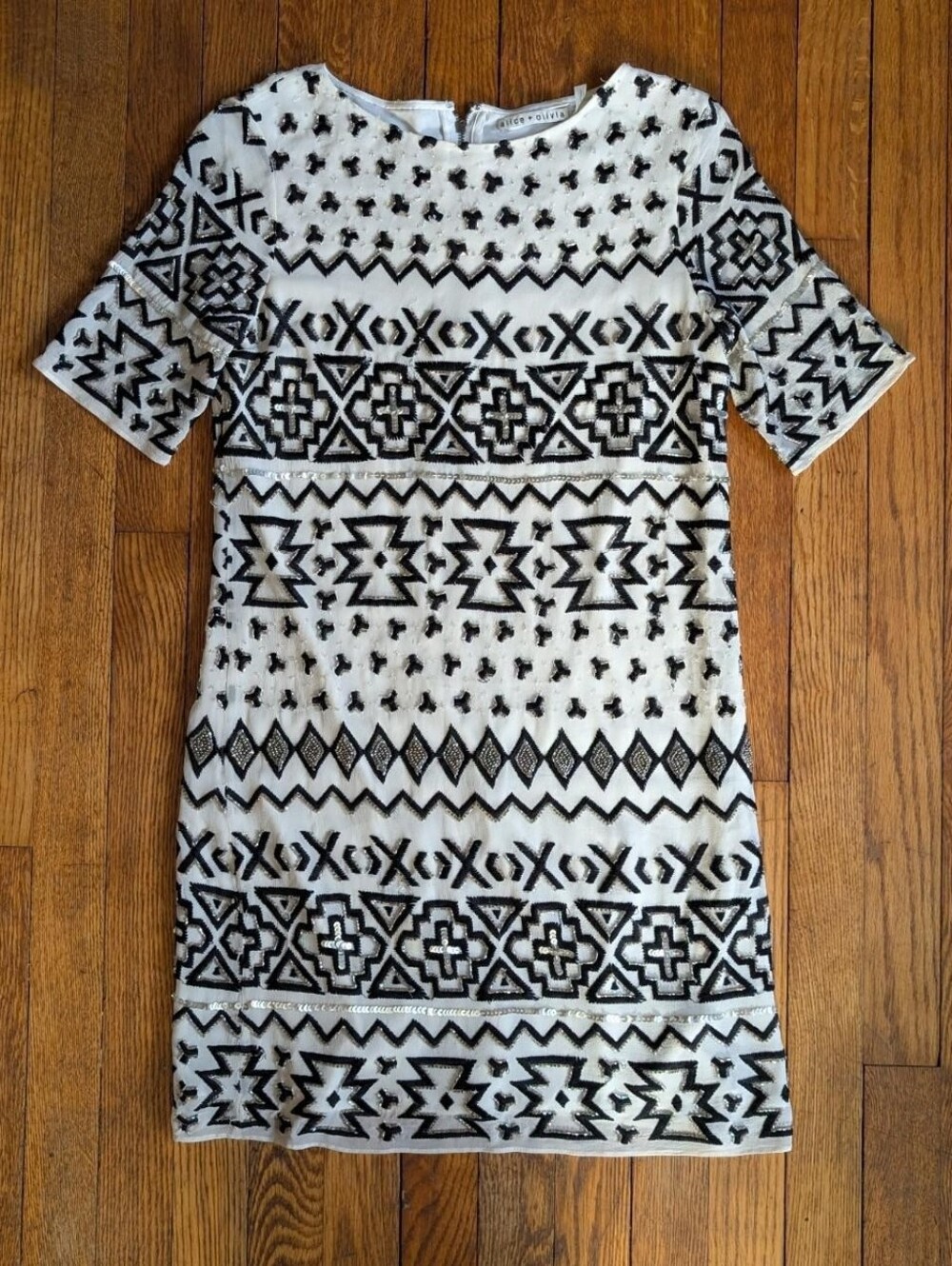 Alice + Olivia Silk Geometric Pattern Shift Dress with Beading & Embroidery
